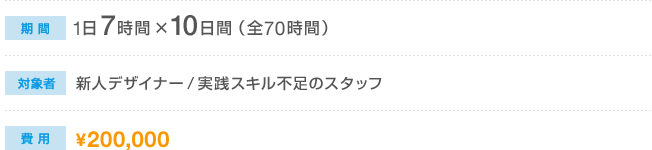 期間：1日7時間×10日間（全70時間）　対象者：新人デザイナー／実践スキル不足のスタッフ　費用：250,000円