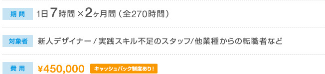 期間：1日7時間×2か月間（全270時間）　対象者：新人デザイナー／実践スキル不足のスタッフ／他業種からの転職者など　費用：450,000円（キャッシュバック制度あり！）
