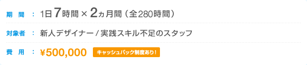 期間:1日7時間×2か月間(全280時間) 対象者:新人デザイナー/実践スキル不足のスタッフ 費用:500,000円(キャッシュバック制度あり!)