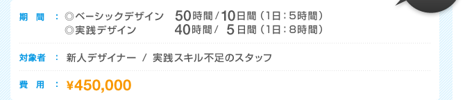期間:ベーシックデザイン 50時間/10日間(1日5時間)/実践デザイン 40時間/5日間(1日8時間) 対象者:新人デザイナー/実践スキル不足のスタッフ 費用:450,000円