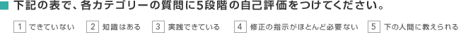 下記の表で、各カテゴリーの質問に5段階の自己評価をつけてください。　1 できていない　2 知識はある　3 実践できている　4 修正の指示がほとんど必要ない　5 下の人間に教えられる